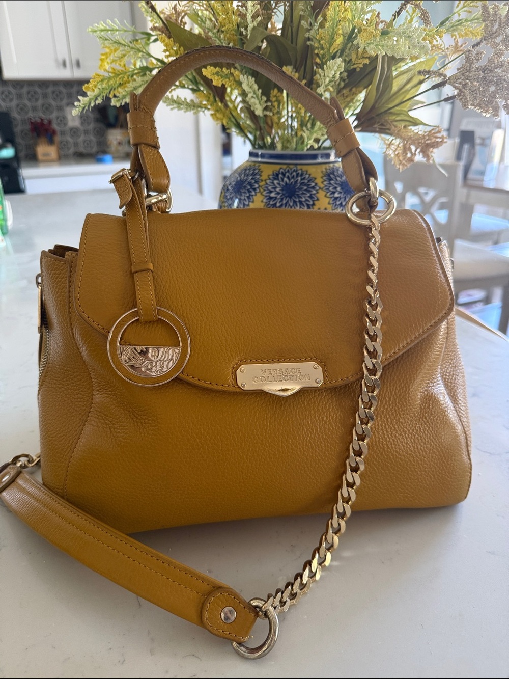 Versace Collection Mustard Yellow Leather Satchel with Gold Chain